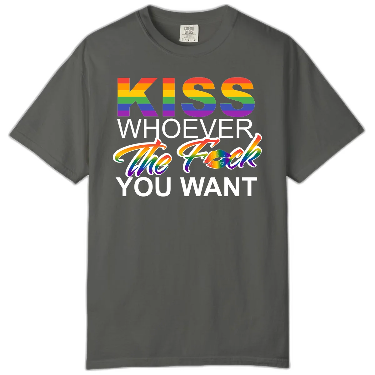 Rainbow pride flag design with kiss-whoever-you-want message, colorful lips graphic, and bold text celebrating LGBTQ love and acceptance in Pepper