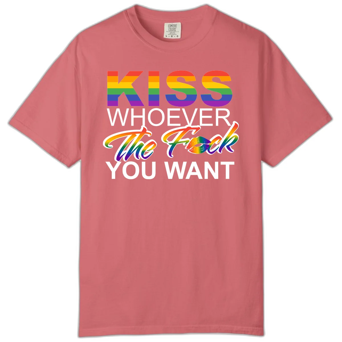 Rainbow pride flag design with kiss-whoever-you-want message, colorful lips graphic, and bold text celebrating LGBTQ love and acceptance in Watermelon