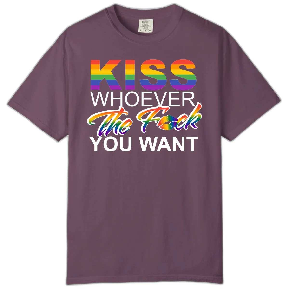 Rainbow pride flag design with kiss-whoever-you-want message, colorful lips graphic, and bold text celebrating LGBTQ love and acceptance in Berry