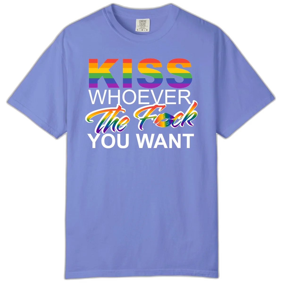 Rainbow pride flag design with kiss-whoever-you-want message, colorful lips graphic, and bold text celebrating LGBTQ love and acceptance in Flo Blue