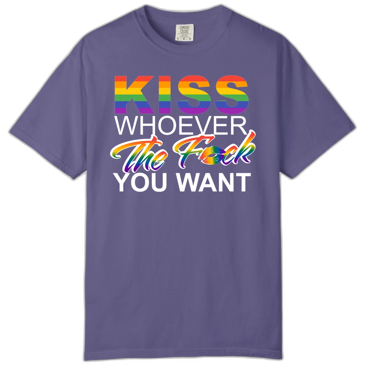 Rainbow pride flag design with kiss-whoever-you-want message, colorful lips graphic, and bold text celebrating LGBTQ love and acceptance in Grape