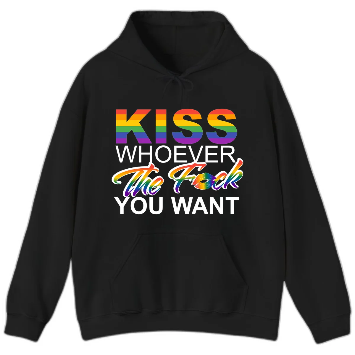 Rainbow pride flag design with kiss-whoever-you-want message, colorful lips graphic, and bold text celebrating LGBTQ love and acceptance in Black