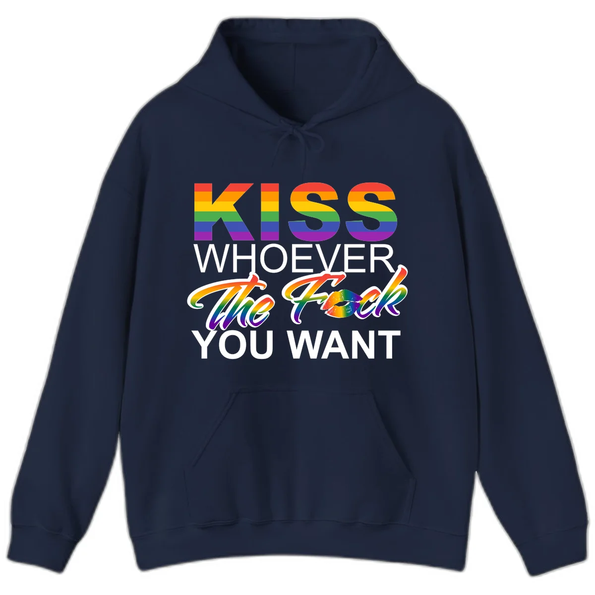 Rainbow pride flag design with kiss-whoever-you-want message, colorful lips graphic, and bold text celebrating LGBTQ love and acceptance in Navy