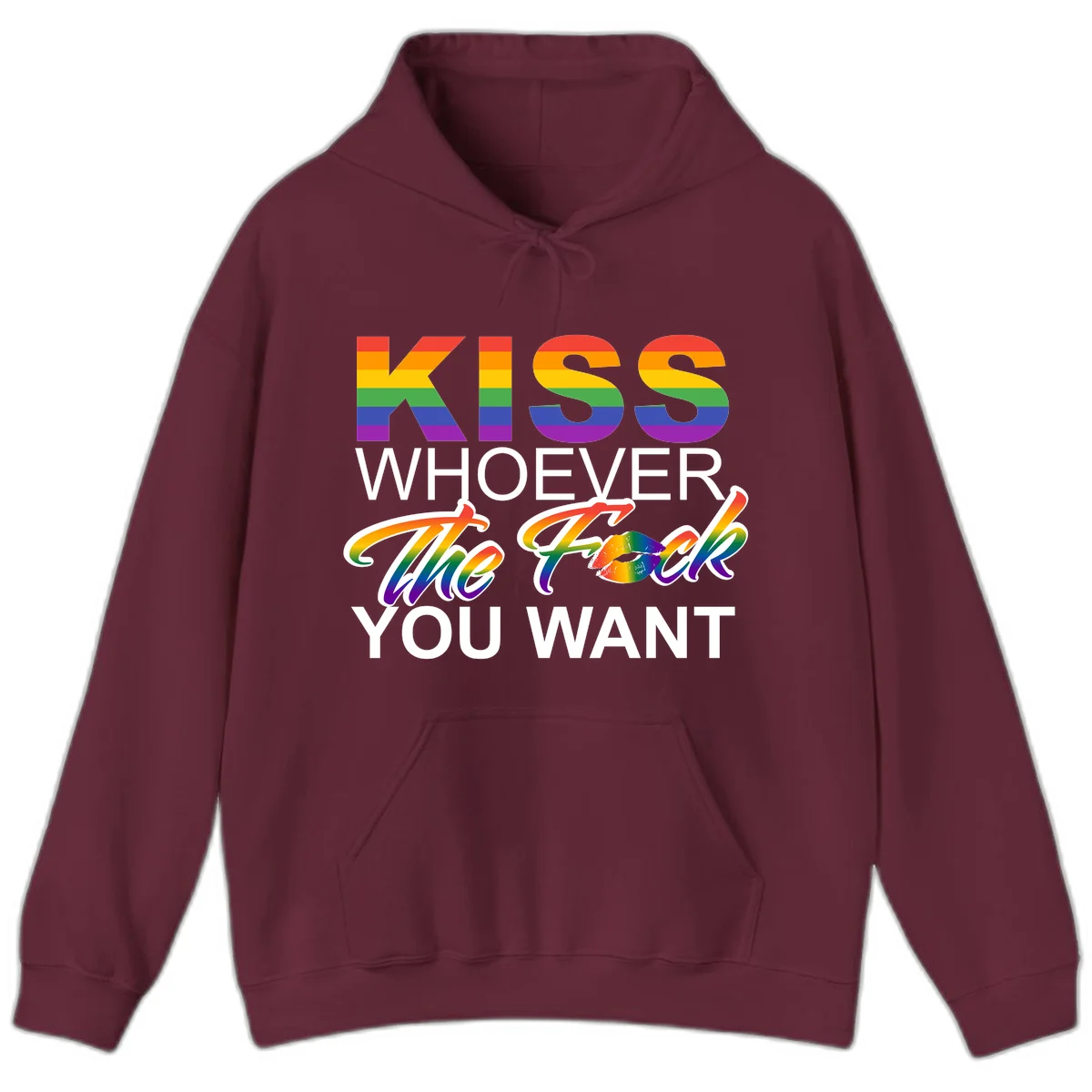Rainbow pride flag design with kiss-whoever-you-want message, colorful lips graphic, and bold text celebrating LGBTQ love and acceptance in Maroon
