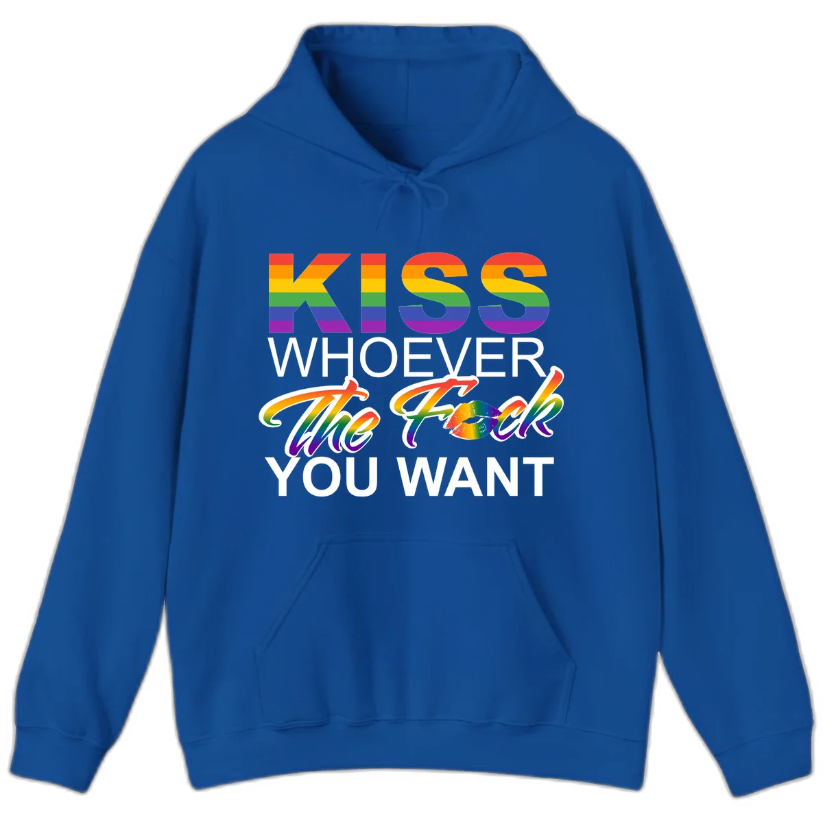 Rainbow pride flag design with kiss-whoever-you-want message, colorful lips graphic, and bold text celebrating LGBTQ love and acceptance in Royal