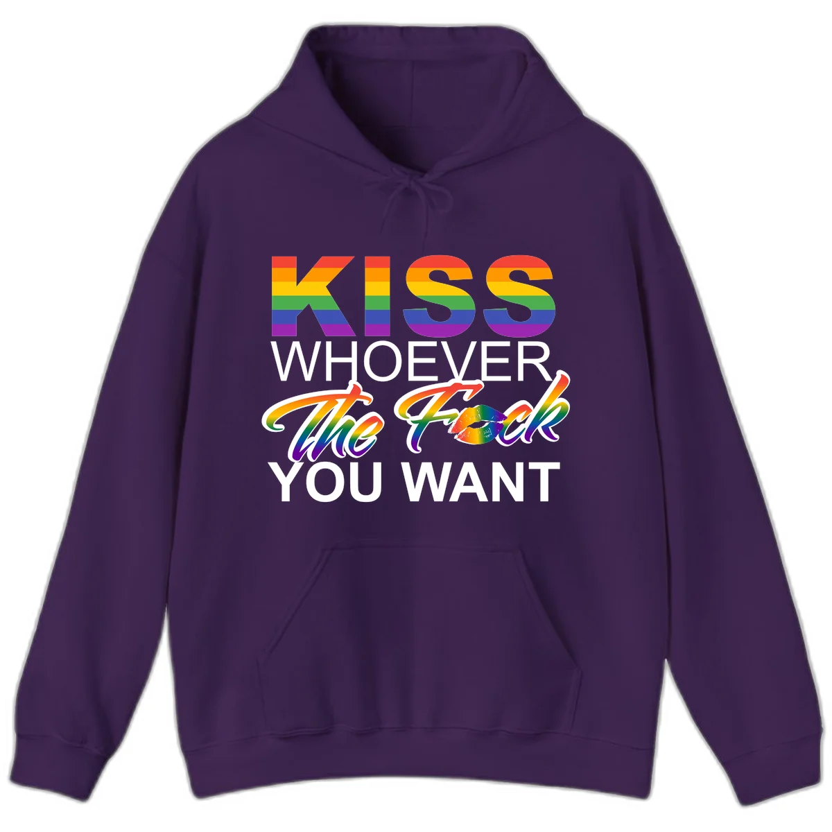 Rainbow pride flag design with kiss-whoever-you-want message, colorful lips graphic, and bold text celebrating LGBTQ love and acceptance in Purple