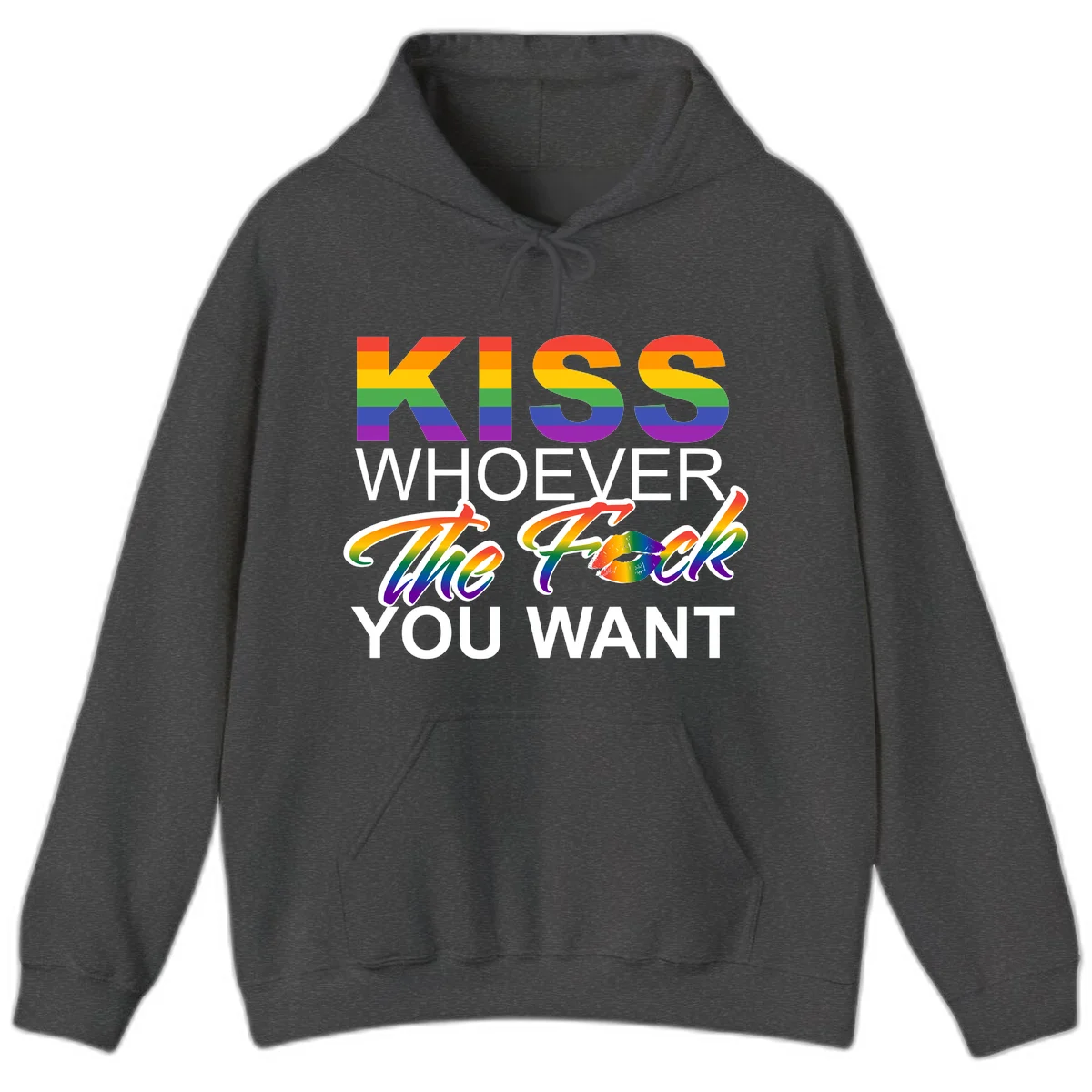 Rainbow pride flag design with kiss-whoever-you-want message, colorful lips graphic, and bold text celebrating LGBTQ love and acceptance in Dark Heather