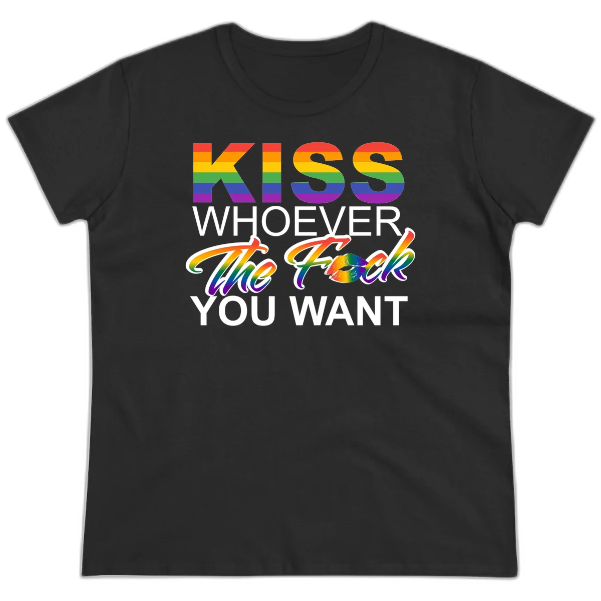 Rainbow pride flag design with kiss-whoever-you-want message, colorful lips graphic, and bold text celebrating LGBTQ love and acceptance in Black