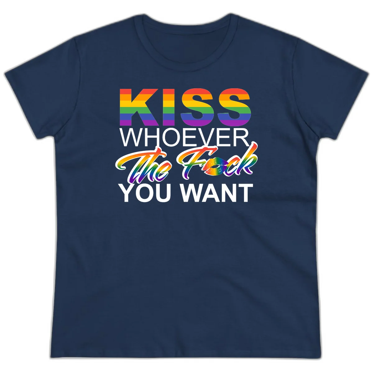 Rainbow pride flag design with kiss-whoever-you-want message, colorful lips graphic, and bold text celebrating LGBTQ love and acceptance in Navy