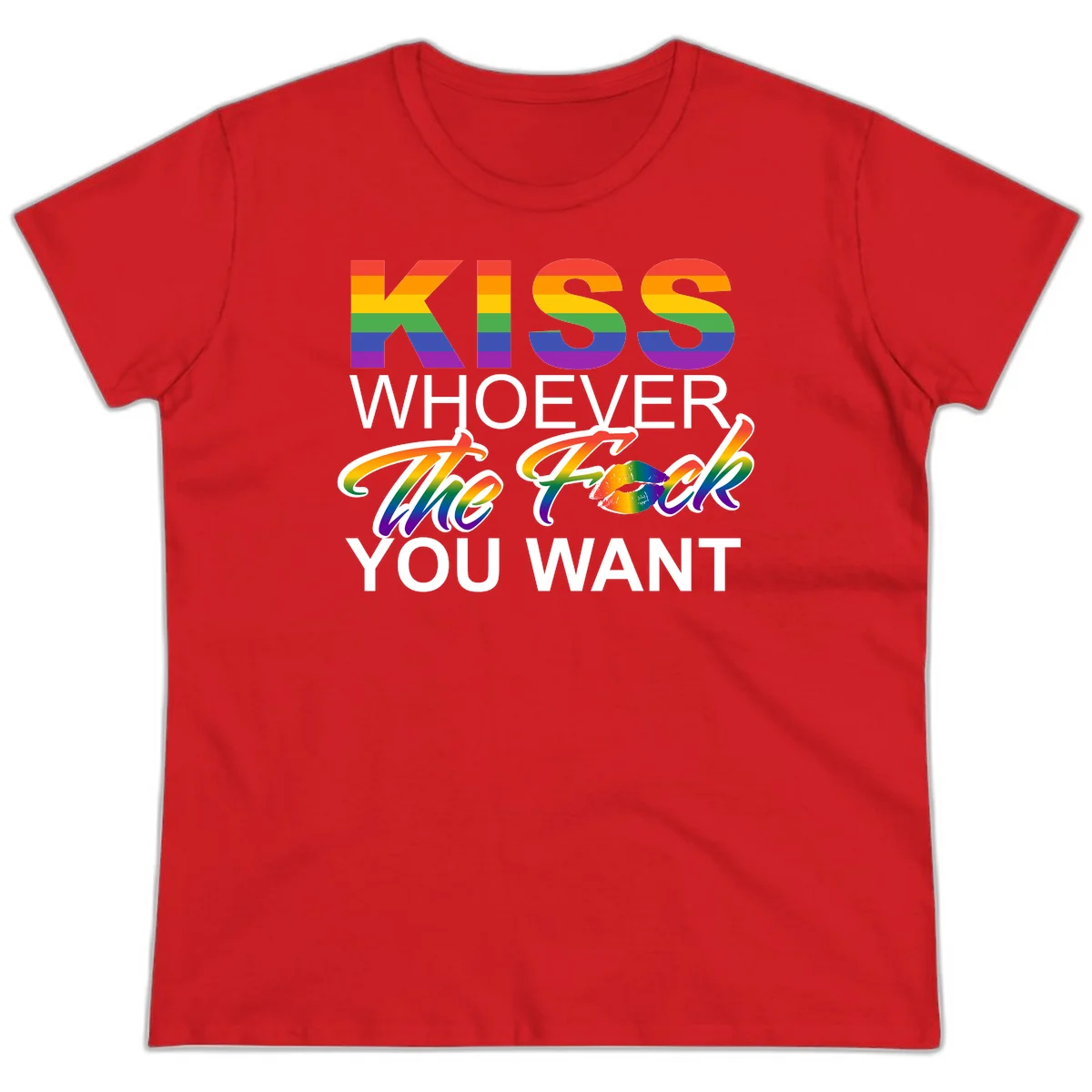 Rainbow pride flag design with kiss-whoever-you-want message, colorful lips graphic, and bold text celebrating LGBTQ love and acceptance in Red