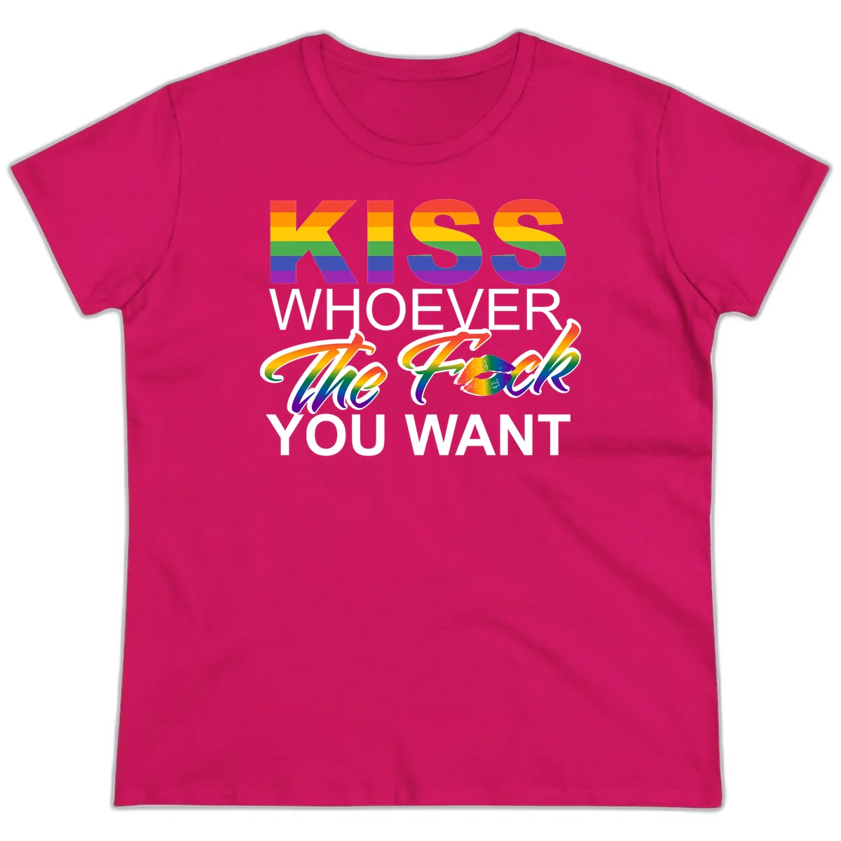 Rainbow pride flag design with kiss-whoever-you-want message, colorful lips graphic, and bold text celebrating LGBTQ love and acceptance in Heliconia