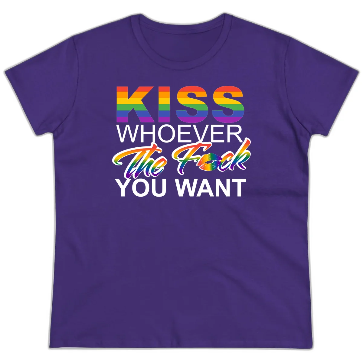 Rainbow pride flag design with kiss-whoever-you-want message, colorful lips graphic, and bold text celebrating LGBTQ love and acceptance in Purple