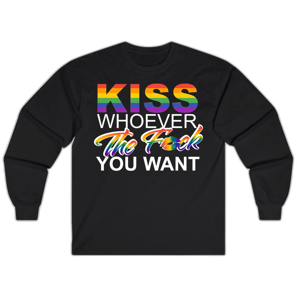 Rainbow pride flag design with kiss-whoever-you-want message, colorful lips graphic, and bold text celebrating LGBTQ love and acceptance in Black