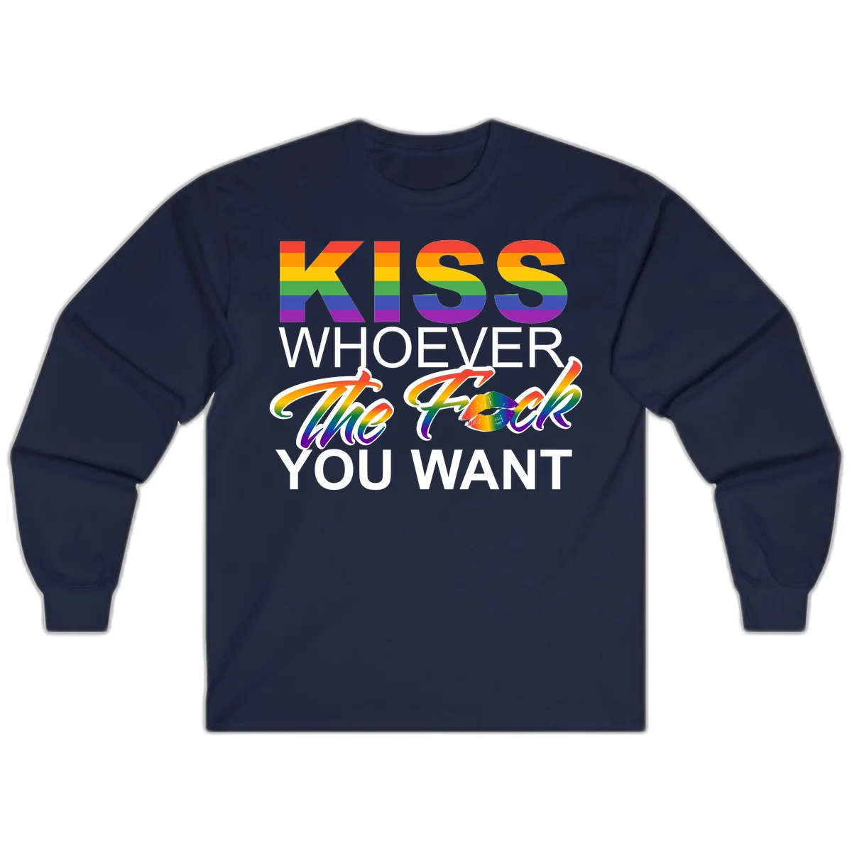 Rainbow pride flag design with kiss-whoever-you-want message, colorful lips graphic, and bold text celebrating LGBTQ love and acceptance in Navy