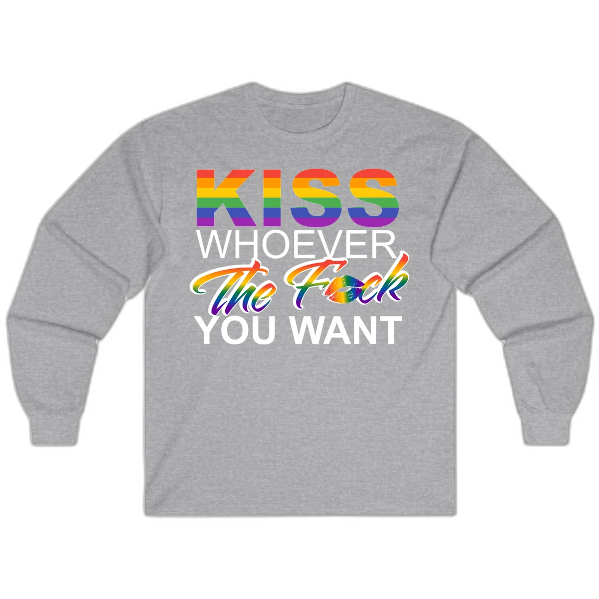 Rainbow pride flag design with kiss-whoever-you-want message, colorful lips graphic, and bold text celebrating LGBTQ love and acceptance in Sport Grey