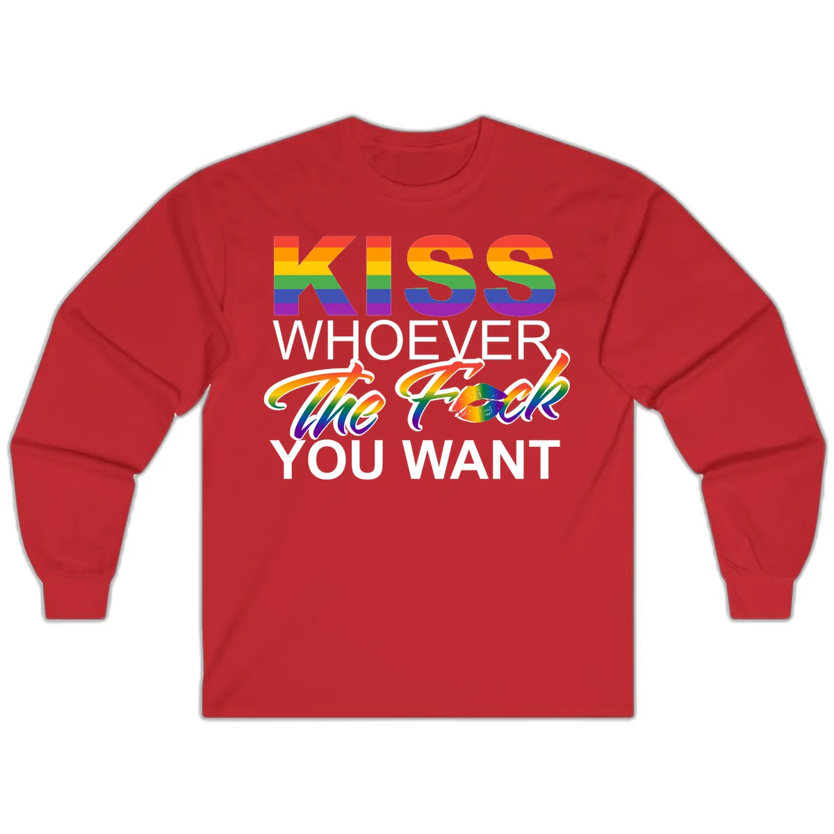 Rainbow pride flag design with kiss-whoever-you-want message, colorful lips graphic, and bold text celebrating LGBTQ love and acceptance in Red