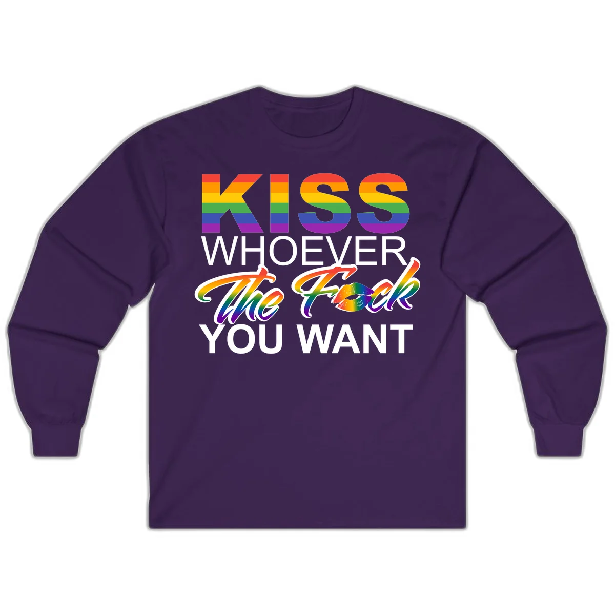 Rainbow pride flag design with kiss-whoever-you-want message, colorful lips graphic, and bold text celebrating LGBTQ love and acceptance in Purple