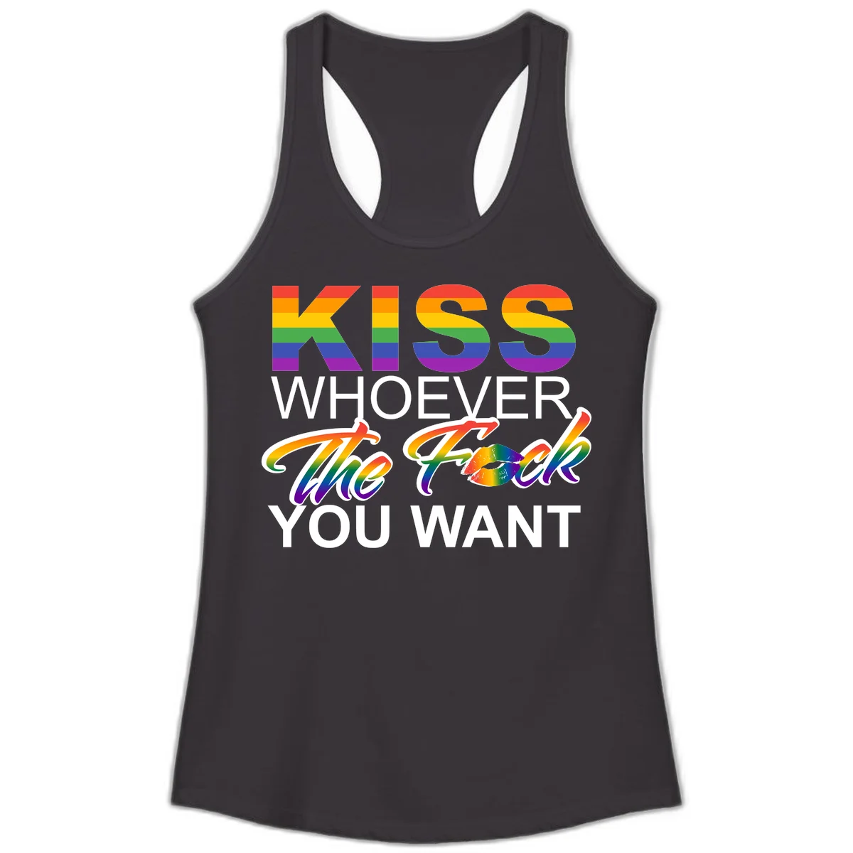 Rainbow pride flag design with kiss-whoever-you-want message, colorful lips graphic, and bold text celebrating LGBTQ love and acceptance in Black
