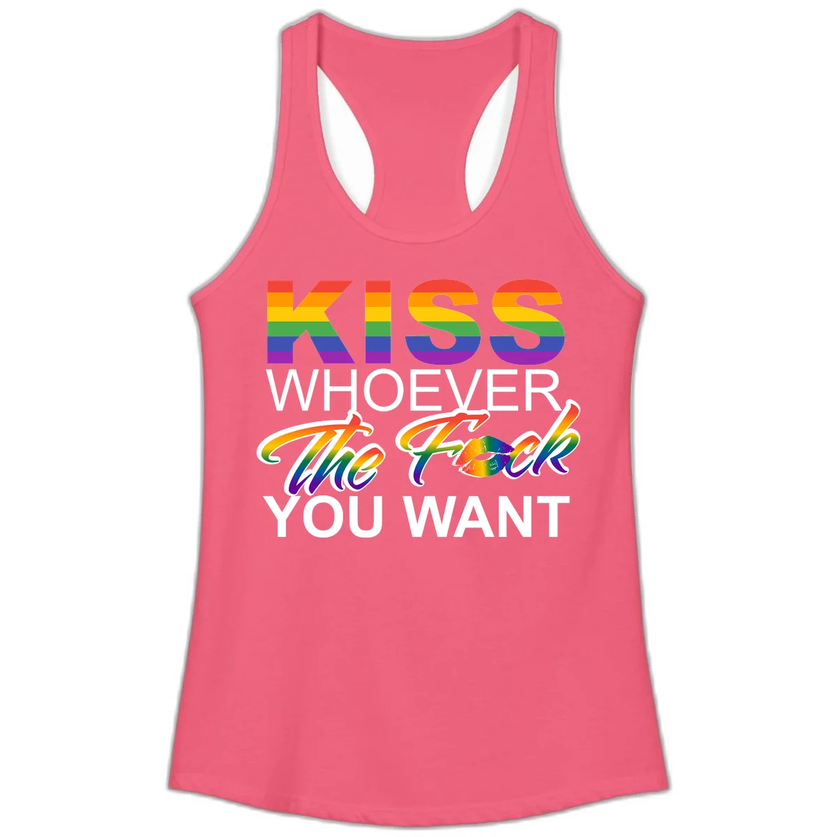 Rainbow pride flag design with kiss-whoever-you-want message, colorful lips graphic, and bold text celebrating LGBTQ love and acceptance in Hot Pink