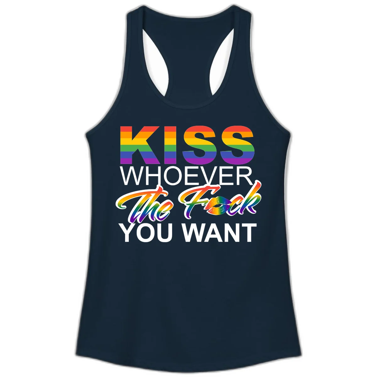 Rainbow pride flag design with kiss-whoever-you-want message, colorful lips graphic, and bold text celebrating LGBTQ love and acceptance in Solid Midnight Navy