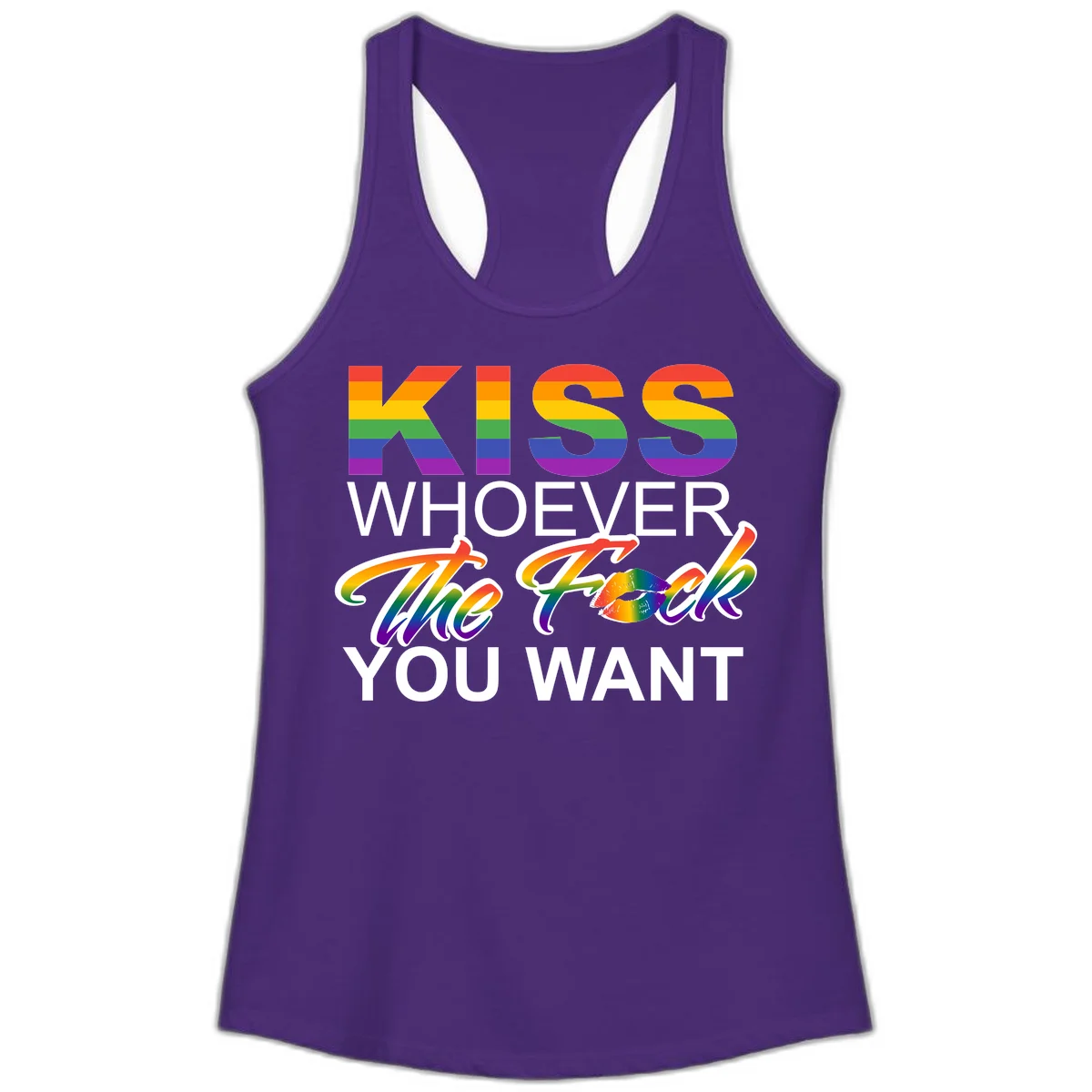 Rainbow pride flag design with kiss-whoever-you-want message, colorful lips graphic, and bold text celebrating LGBTQ love and acceptance in Solid Purple Rush