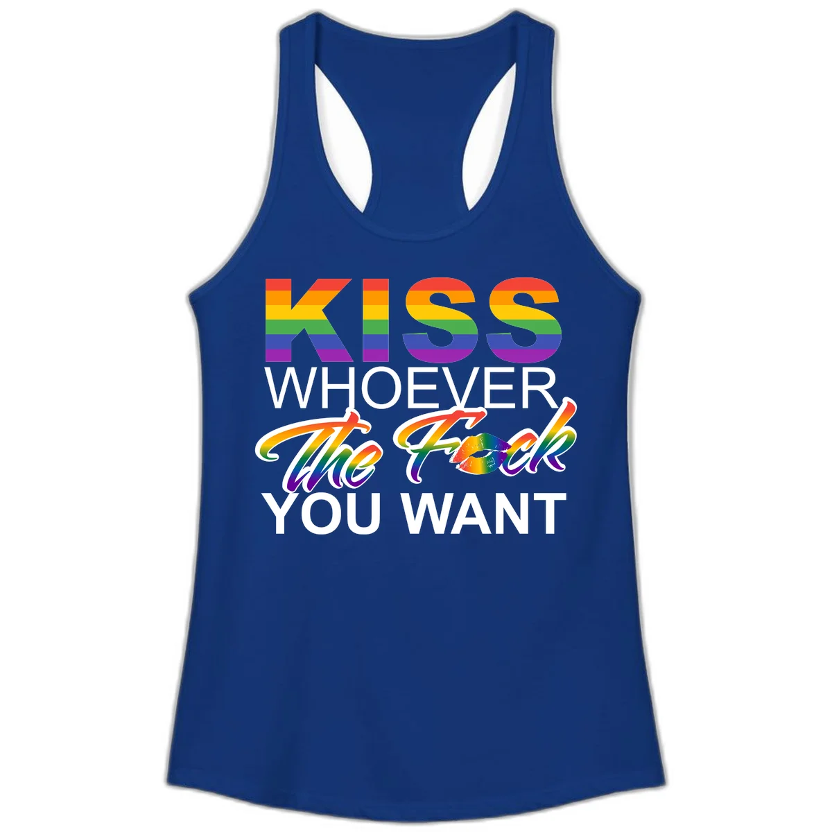 Rainbow pride flag design with kiss-whoever-you-want message, colorful lips graphic, and bold text celebrating LGBTQ love and acceptance in Solid Royal