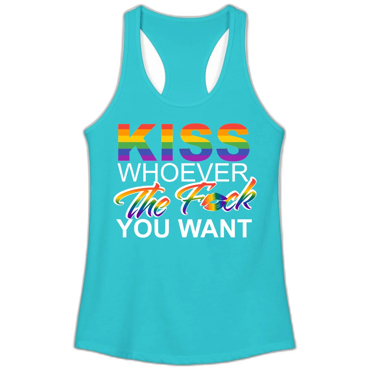 Rainbow pride flag design with kiss-whoever-you-want message, colorful lips graphic, and bold text celebrating LGBTQ love and acceptance in Solid Tahiti Blue