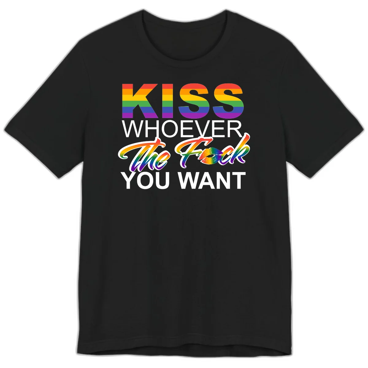 Rainbow pride flag design with kiss-whoever-you-want message, colorful lips graphic, and bold text celebrating LGBTQ love and acceptance in Black