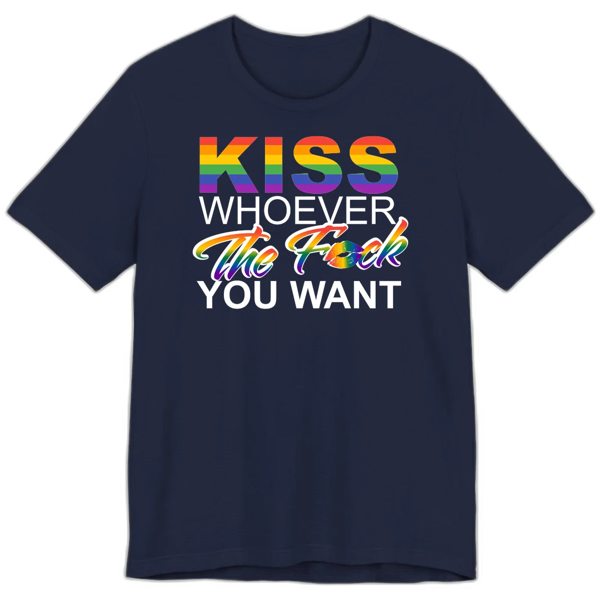 Rainbow pride flag design with kiss-whoever-you-want message, colorful lips graphic, and bold text celebrating LGBTQ love and acceptance in Navy