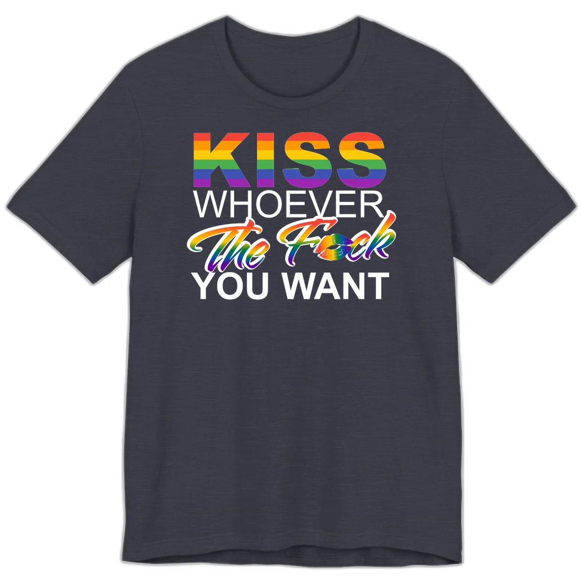 Rainbow pride flag design with kiss-whoever-you-want message, colorful lips graphic, and bold text celebrating LGBTQ love and acceptance in Heather Midnight Navy