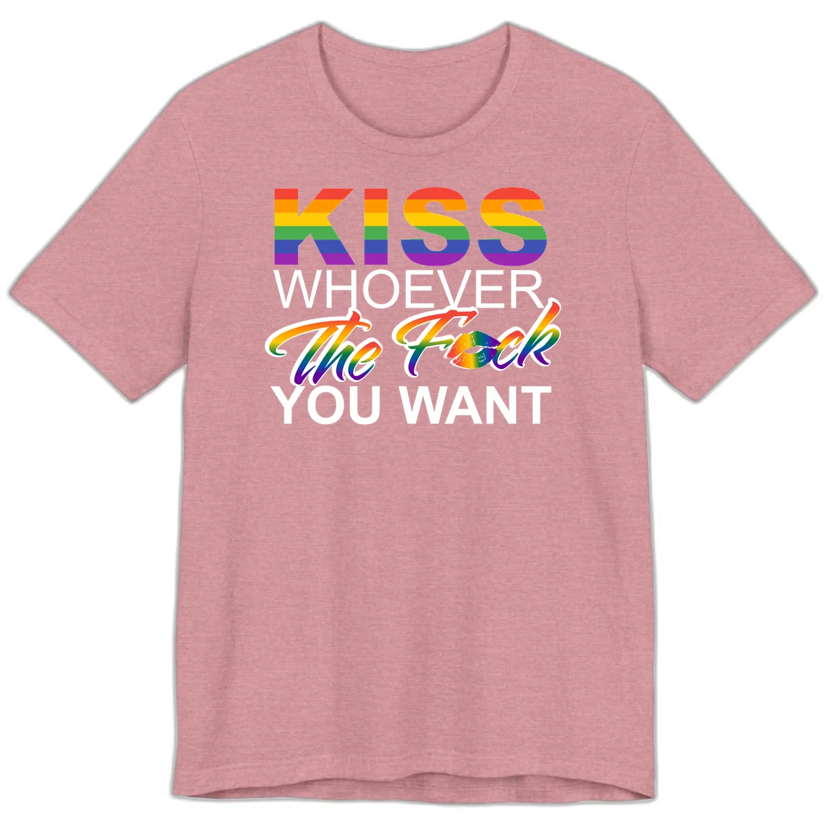Rainbow pride flag design with kiss-whoever-you-want message, colorful lips graphic, and bold text celebrating LGBTQ love and acceptance in Heather Orchid