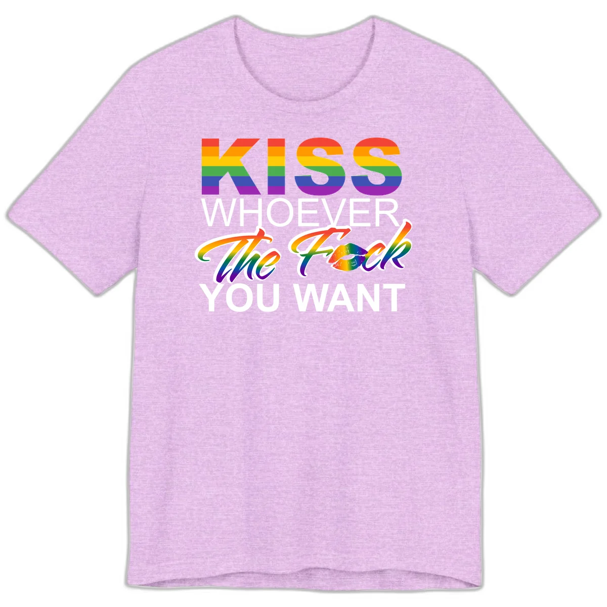 Rainbow pride flag design with kiss-whoever-you-want message, colorful lips graphic, and bold text celebrating LGBTQ love and acceptance in Heather Prism Lilac