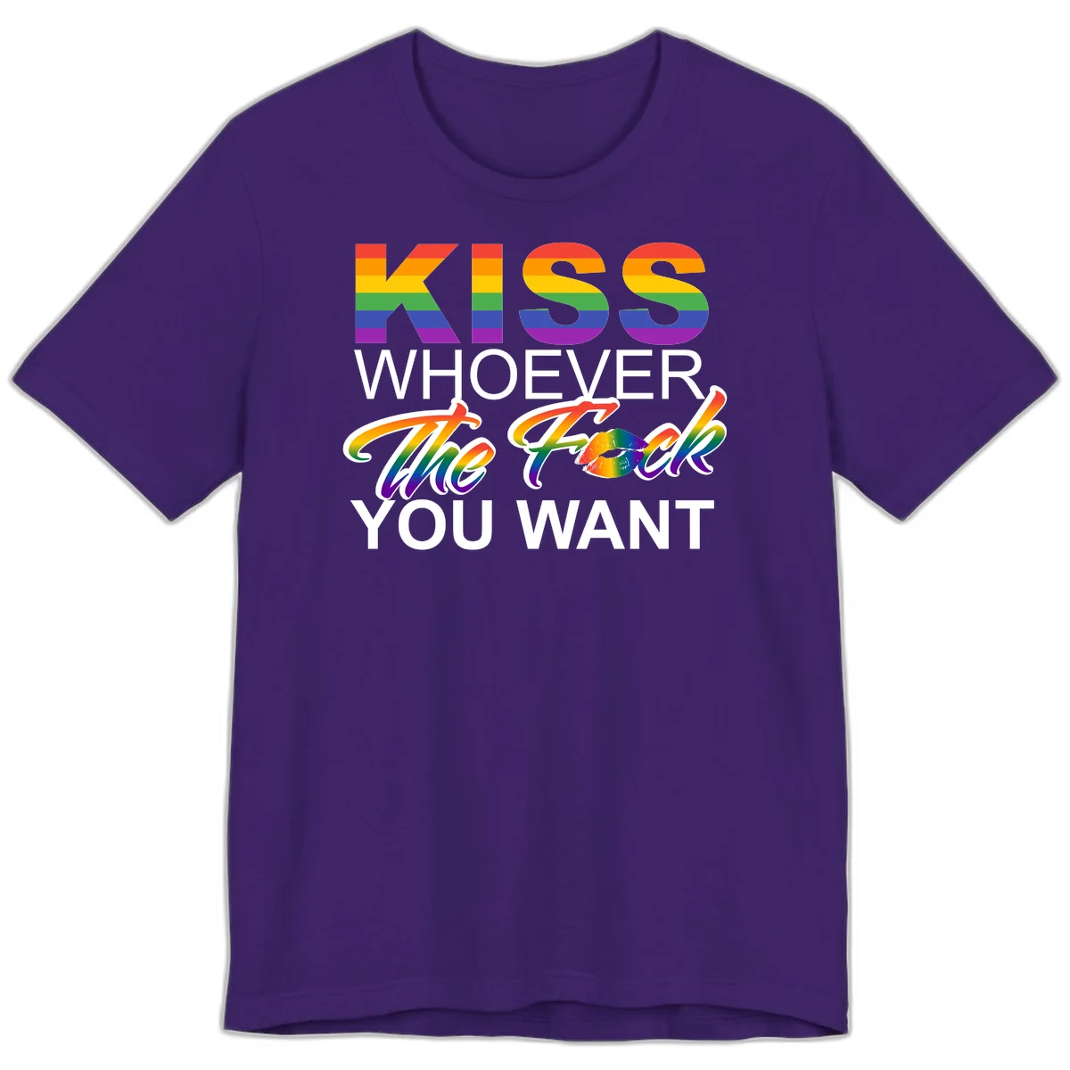 Rainbow pride flag design with kiss-whoever-you-want message, colorful lips graphic, and bold text celebrating LGBTQ love and acceptance in Team Purple