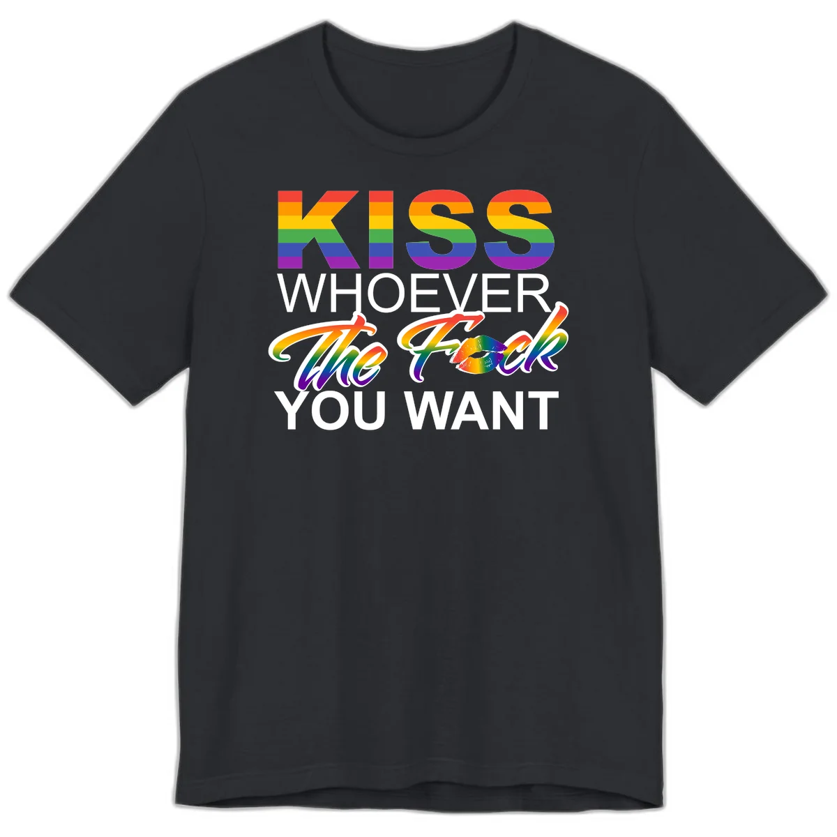 Rainbow pride flag design with kiss-whoever-you-want message, colorful lips graphic, and bold text celebrating LGBTQ love and acceptance in Vintage Black