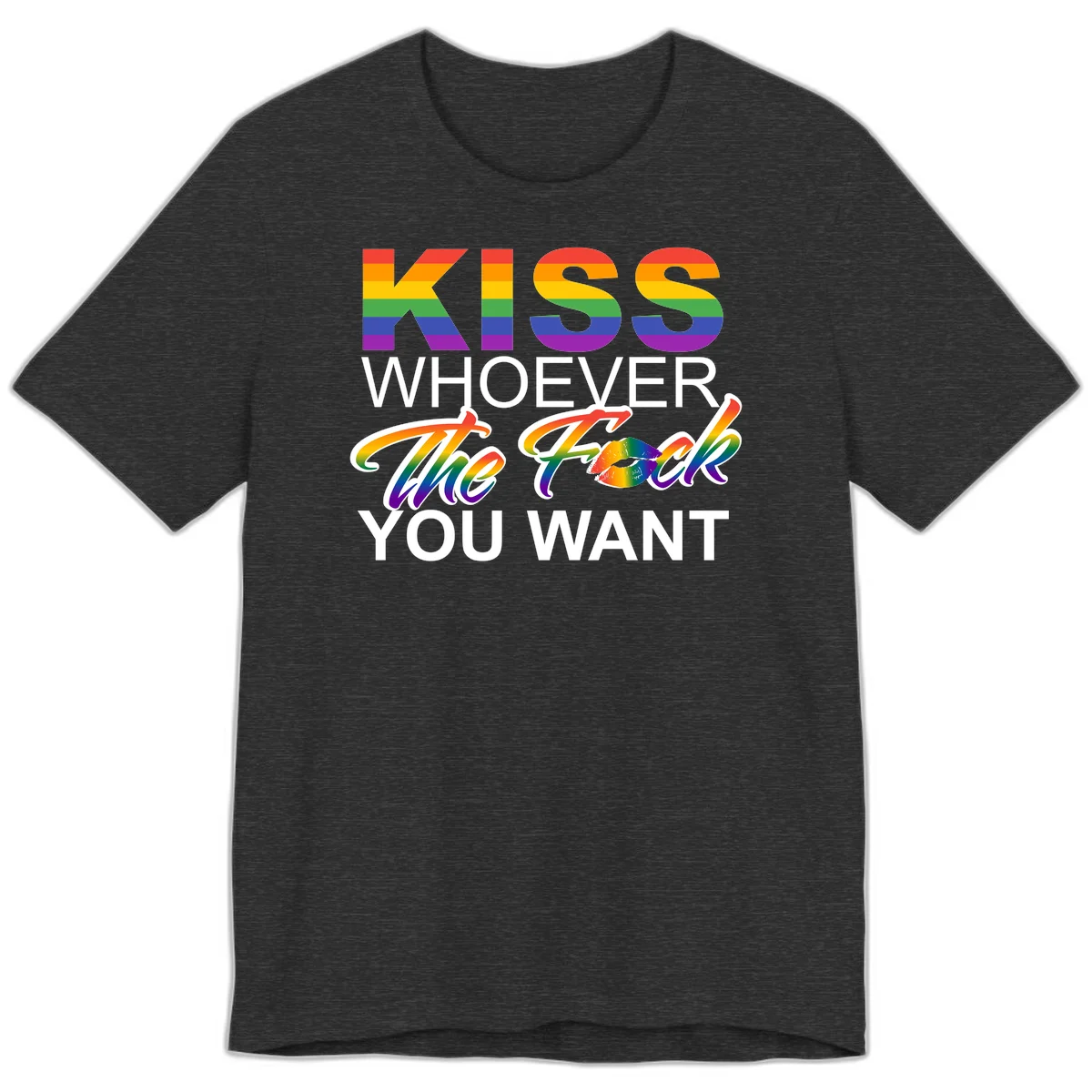 Rainbow pride flag design with kiss-whoever-you-want message, colorful lips graphic, and bold text celebrating LGBTQ love and acceptance in Dark Grey Heather