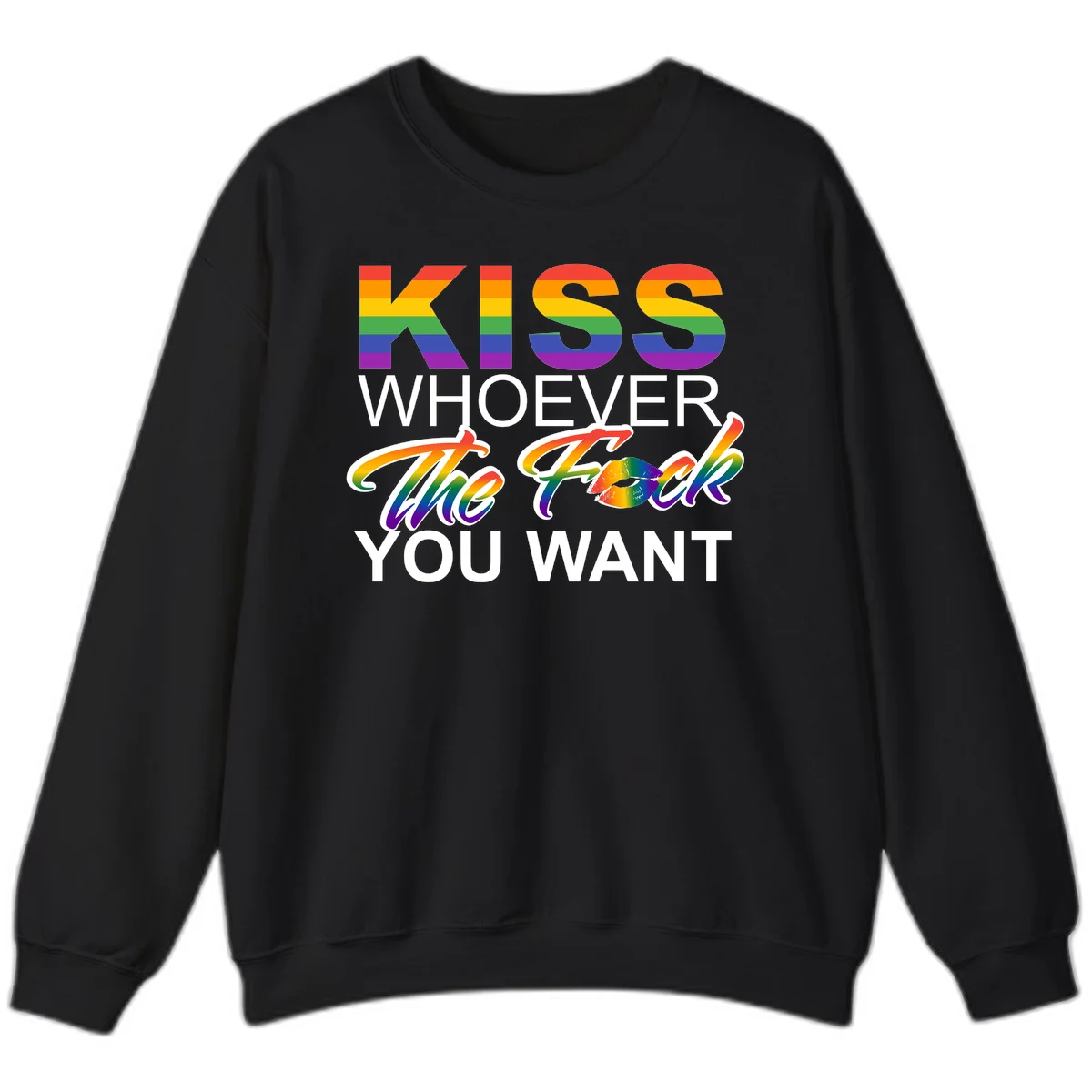 Rainbow pride flag design with kiss-whoever-you-want message, colorful lips graphic, and bold text celebrating LGBTQ love and acceptance in Black