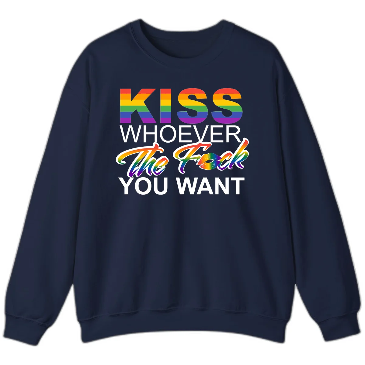 Rainbow pride flag design with kiss-whoever-you-want message, colorful lips graphic, and bold text celebrating LGBTQ love and acceptance in Navy