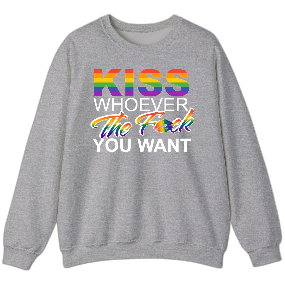 Rainbow pride flag design with kiss-whoever-you-want message, colorful lips graphic, and bold text celebrating LGBTQ love and acceptance in Sport Grey
