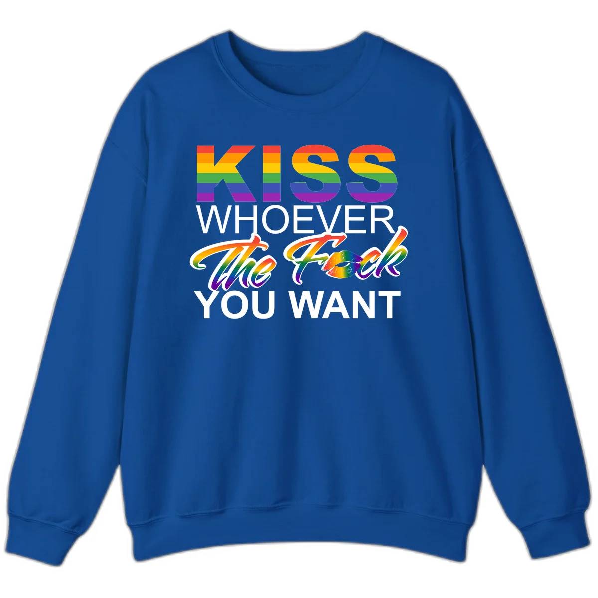 Rainbow pride flag design with kiss-whoever-you-want message, colorful lips graphic, and bold text celebrating LGBTQ love and acceptance in Royal