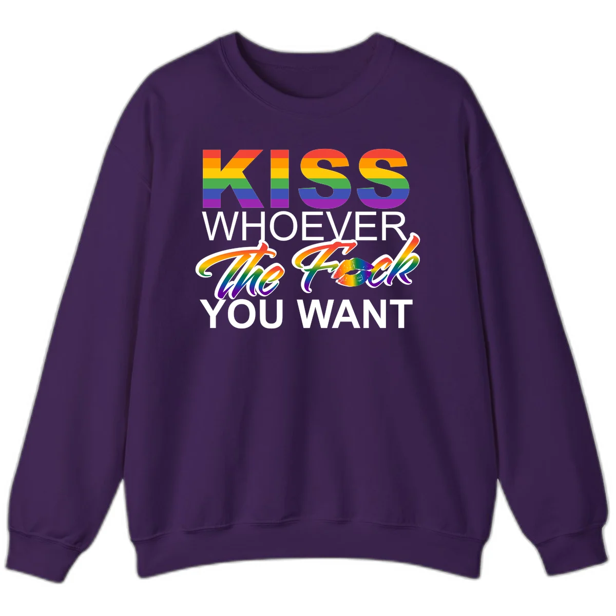 Rainbow pride flag design with kiss-whoever-you-want message, colorful lips graphic, and bold text celebrating LGBTQ love and acceptance in Purple