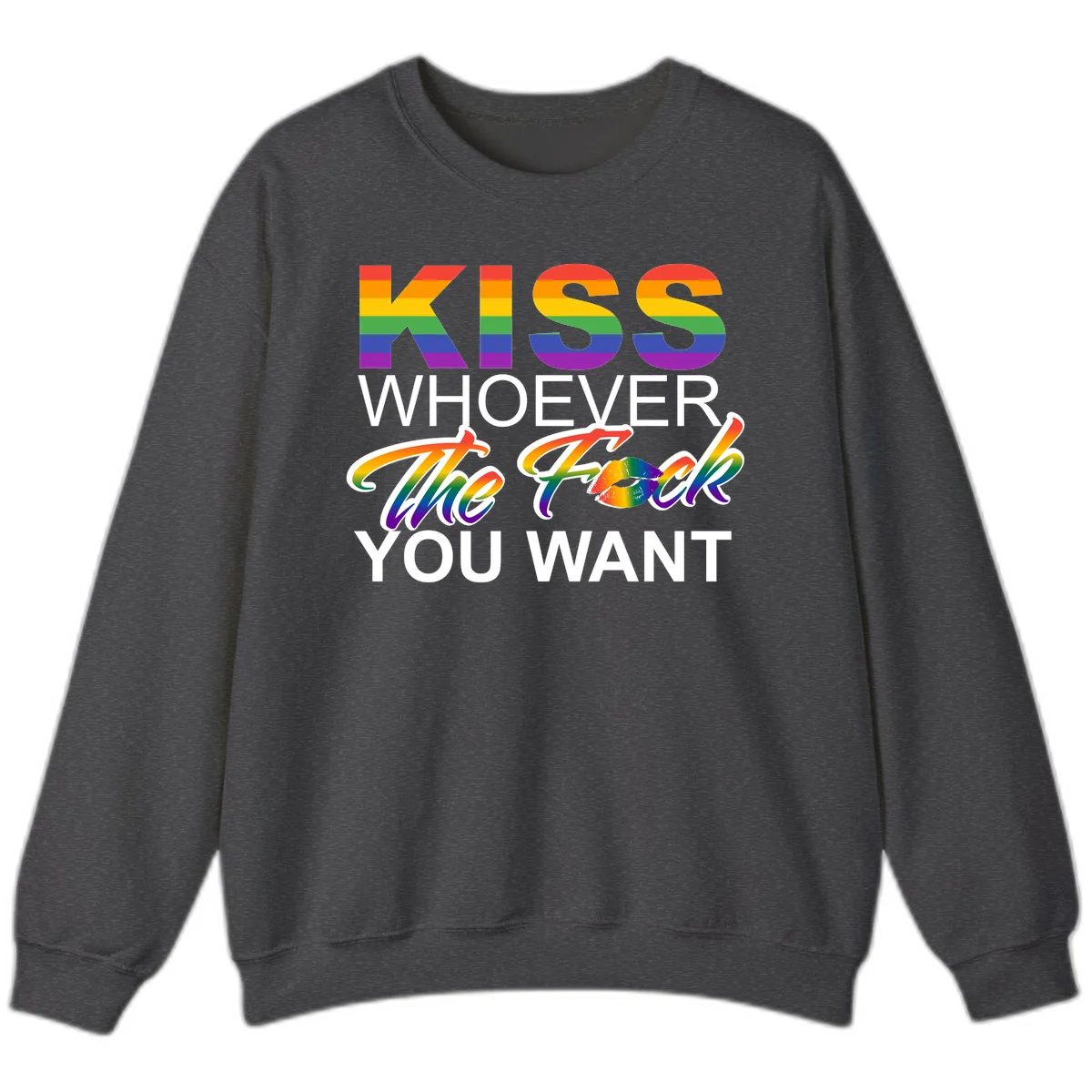 Rainbow pride flag design with kiss-whoever-you-want message, colorful lips graphic, and bold text celebrating LGBTQ love and acceptance in Dark Heather