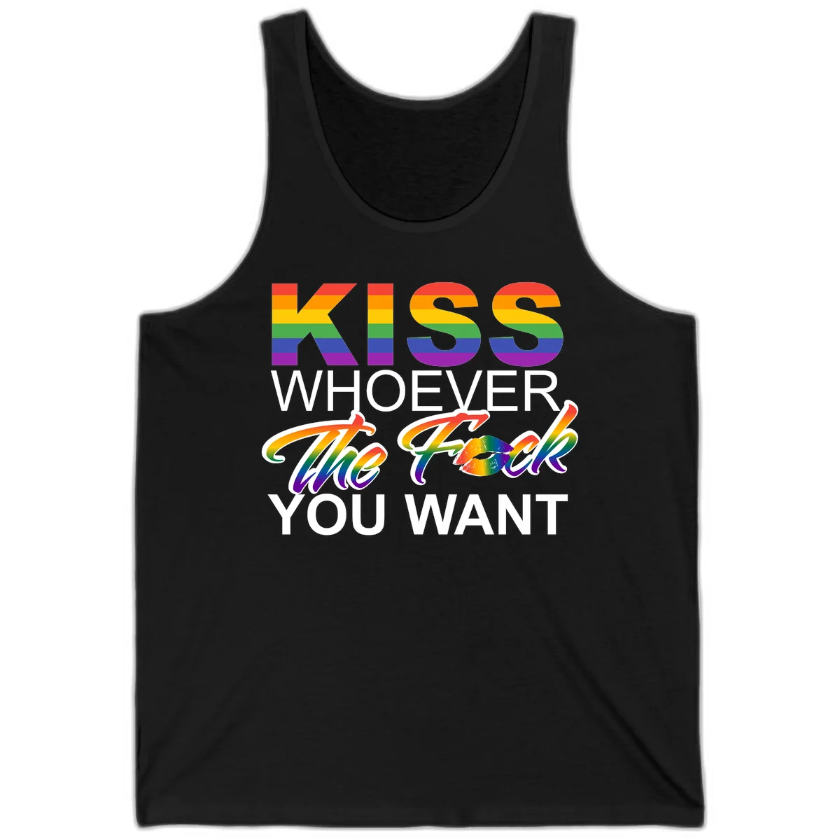 Rainbow pride flag design with kiss-whoever-you-want message, colorful lips graphic, and bold text celebrating LGBTQ love and acceptance in Black