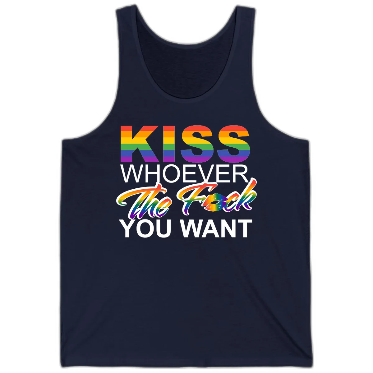 Rainbow pride flag design with kiss-whoever-you-want message, colorful lips graphic, and bold text celebrating LGBTQ love and acceptance in Navy