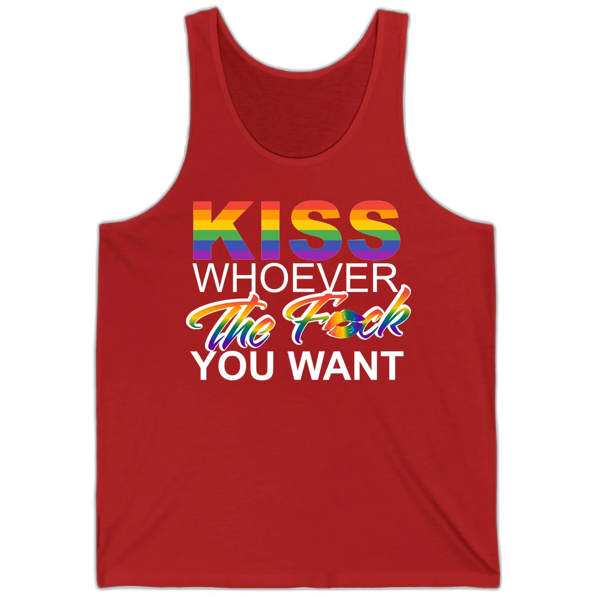 Rainbow pride flag design with kiss-whoever-you-want message, colorful lips graphic, and bold text celebrating LGBTQ love and acceptance in Red