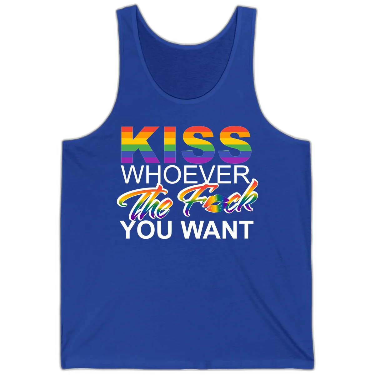 Rainbow pride flag design with kiss-whoever-you-want message, colorful lips graphic, and bold text celebrating LGBTQ love and acceptance in True Royal