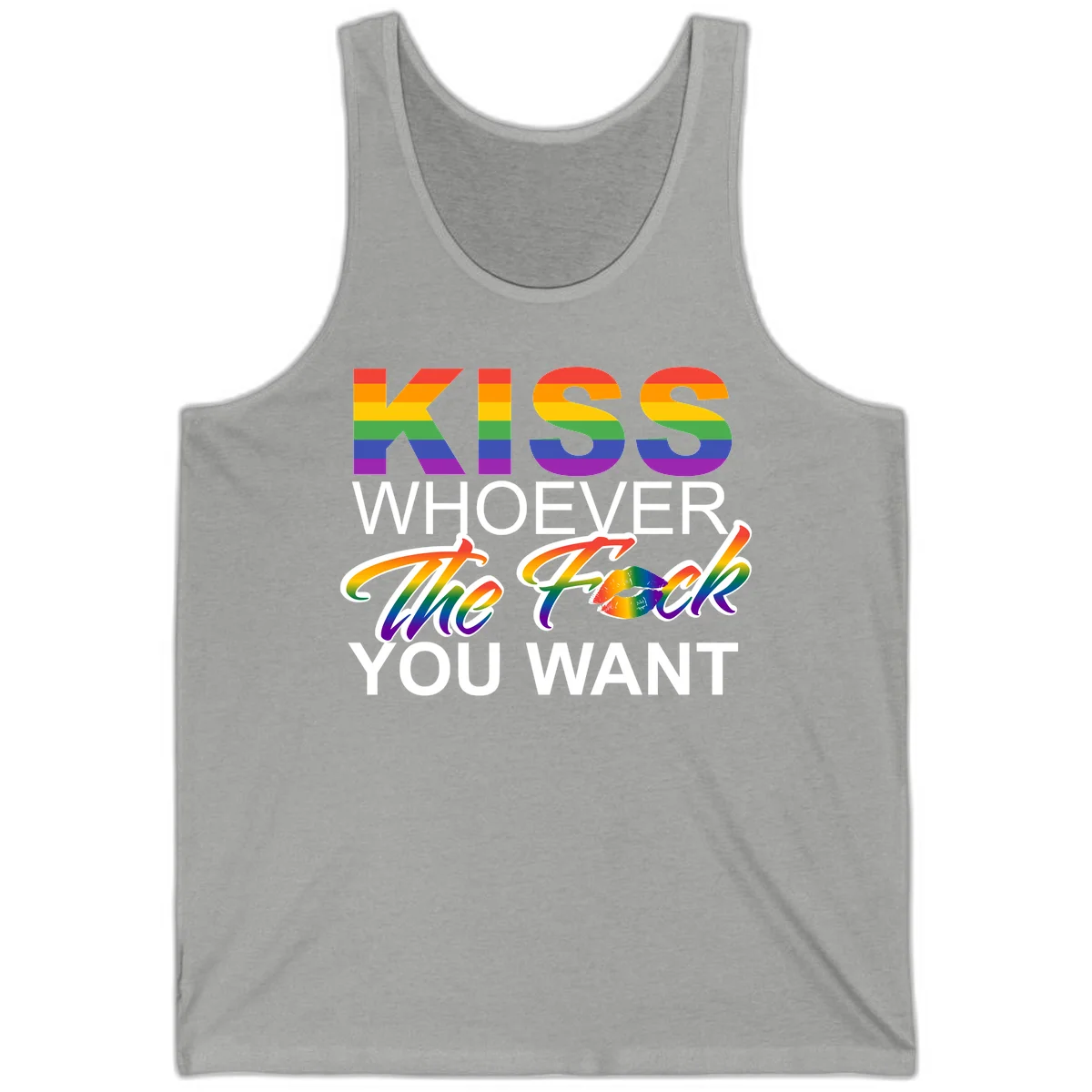 Rainbow pride flag design with kiss-whoever-you-want message, colorful lips graphic, and bold text celebrating LGBTQ love and acceptance in Athletic Heather