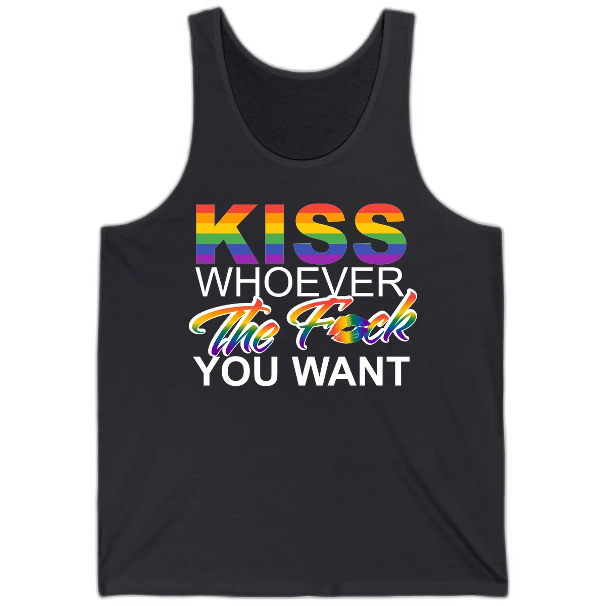 Rainbow pride flag design with kiss-whoever-you-want message, colorful lips graphic, and bold text celebrating LGBTQ love and acceptance in Dark Grey