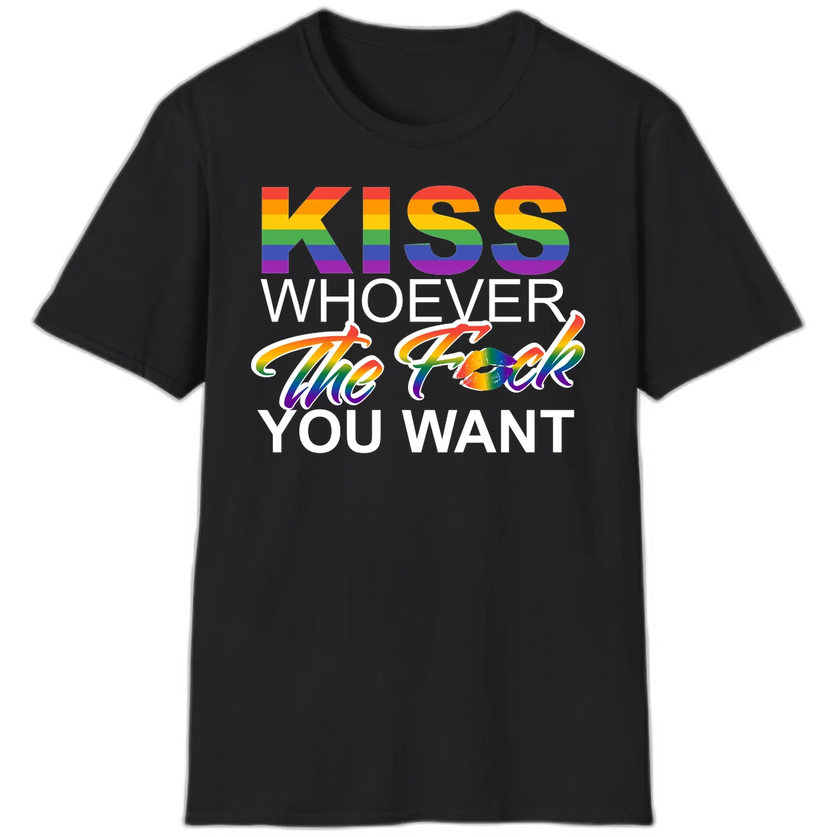Rainbow pride flag design with kiss-whoever-you-want message, colorful lips graphic, and bold text celebrating LGBTQ love and acceptance in Black