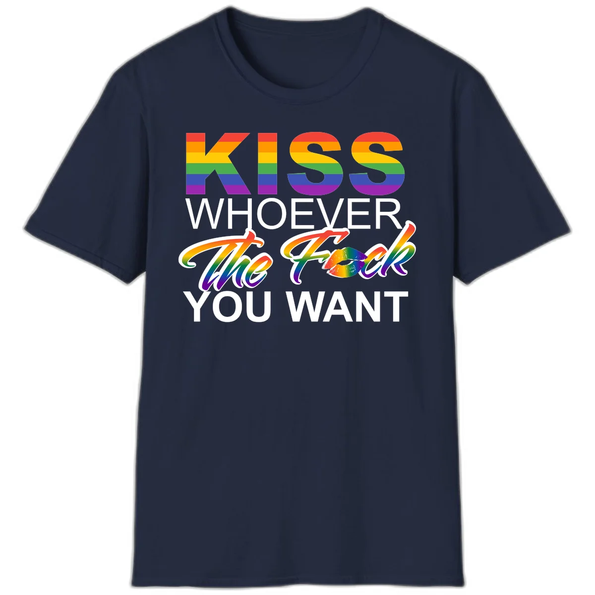 Rainbow pride flag design with kiss-whoever-you-want message, colorful lips graphic, and bold text celebrating LGBTQ love and acceptance in Navy