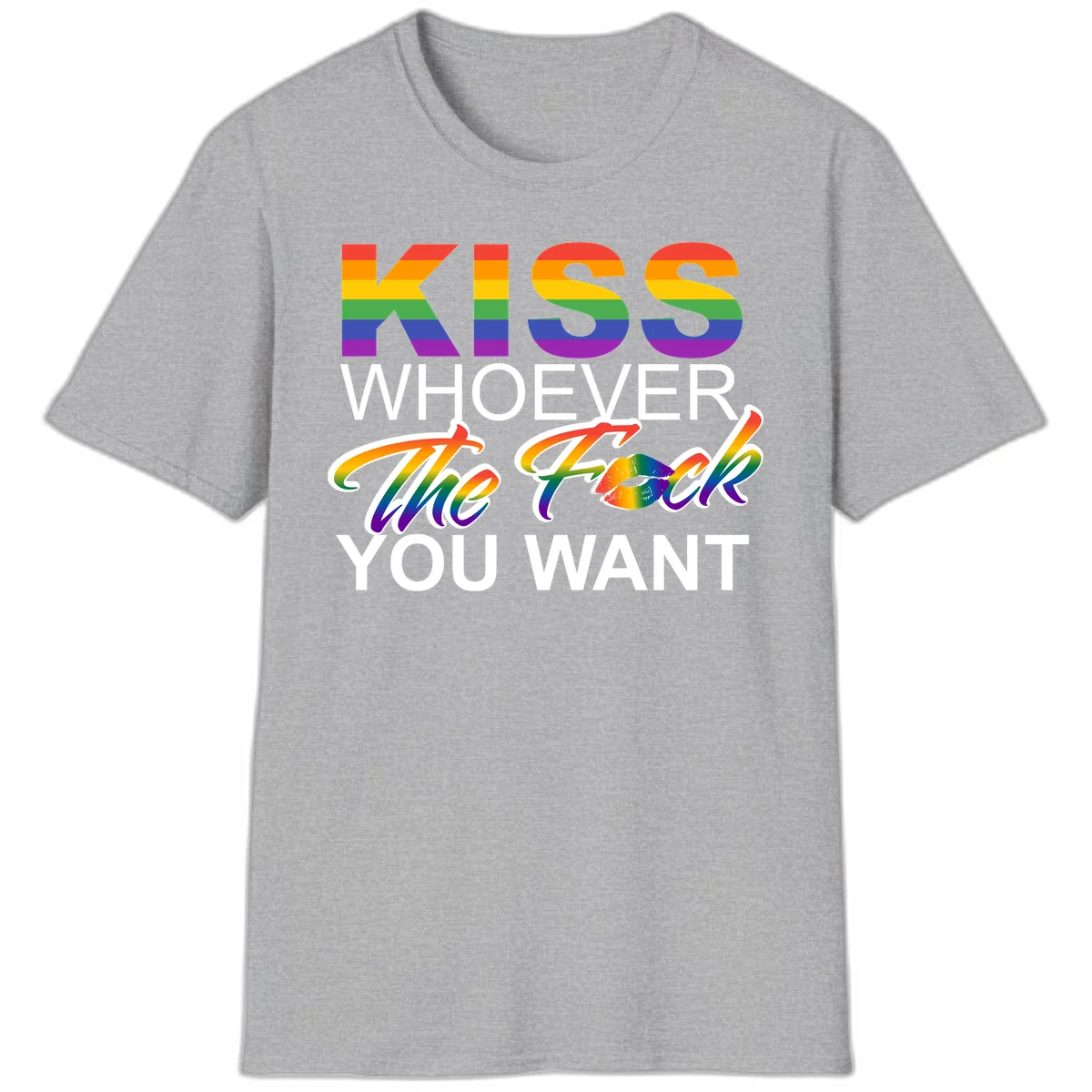 Rainbow pride flag design with kiss-whoever-you-want message, colorful lips graphic, and bold text celebrating LGBTQ love and acceptance in Sport Grey